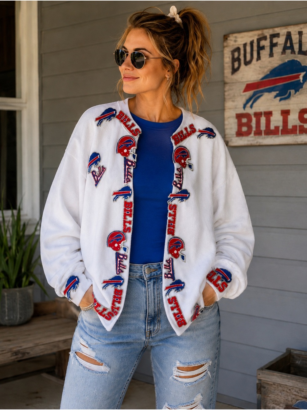 Vintage 90s Buffalo Bills NFL Appliqué Sweatshirt Cardigan XL Made in USA